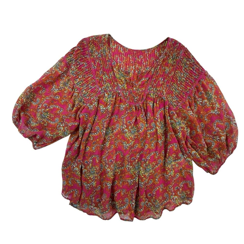 Anthropologie Lil Clara Peasant Blouse Women S M Pink Orange Paisley Floral - Picture 2 of 14